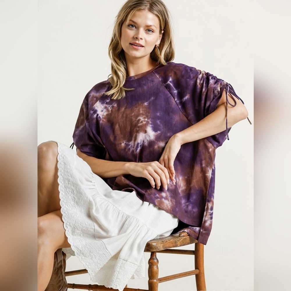 Umgee Purple and Brown Tie-Dye Short Sleeve Top